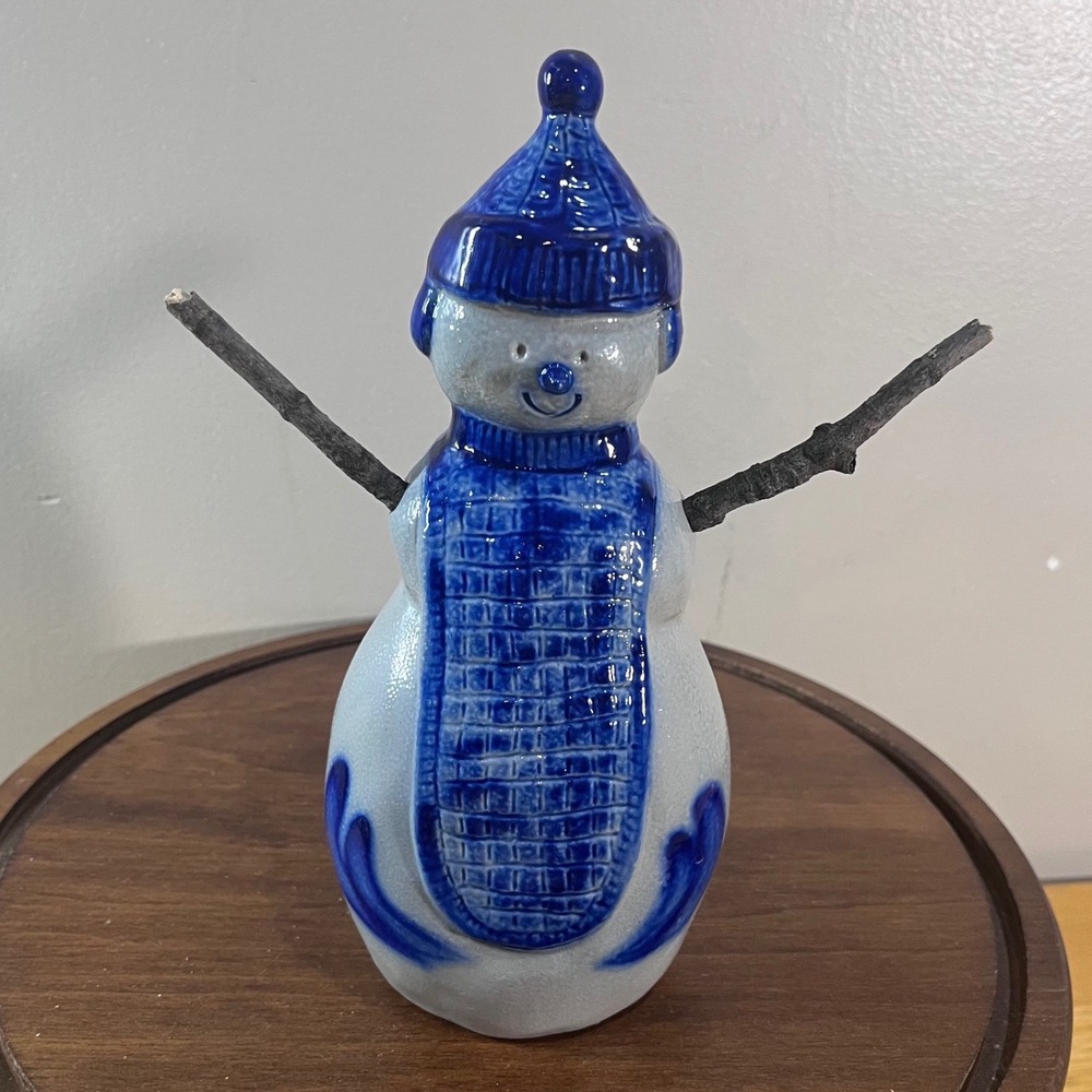 Eldreth Pottery Snowman Vtg 2006 Blue Grey Salt Glaze Stoneware Folk Art 8.5"